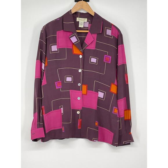 Empogee Tops - Vintage Epogee 100% Silk Purple Pink Geometric Print Button Up Shirt Size M‎